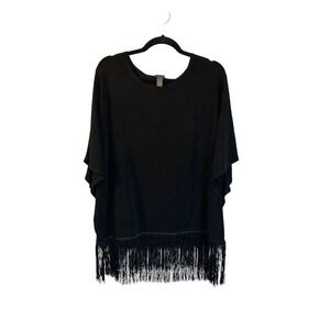 Chicos Travelers Black Classic Fringe Top Slinky Knit Tunic Poncho Top Sz L / XL